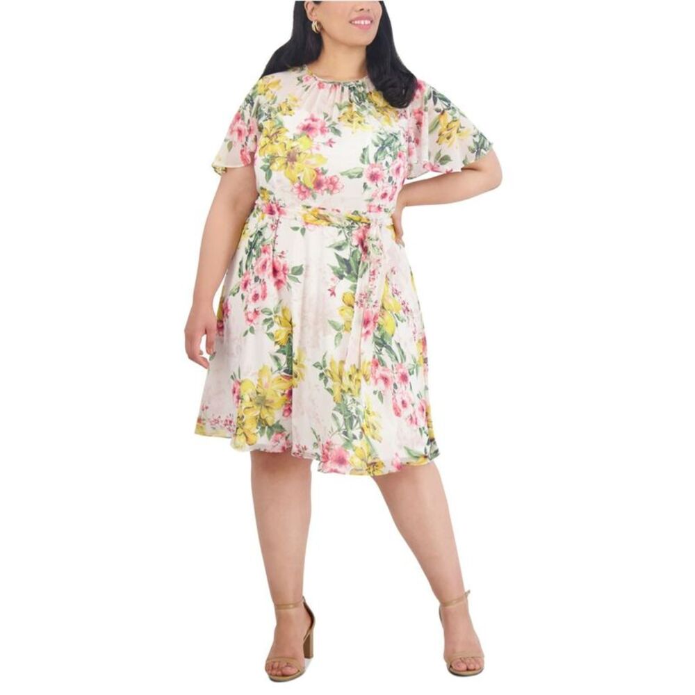 Jessica Howard Womens Belted Tie Waist Midi Dress, , Plus Size, 20W, MP